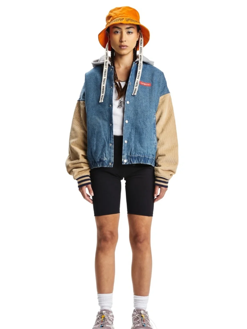 NWOT Teddy Fresh Vintage Inspired Denim Corduroy Varsity Bomber Jacket